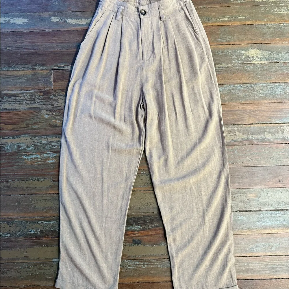 NWT Mable Linen Blend Wide Leg Trouser Style Pants ~ Size Medium 💚🍄 Tan - Image 4