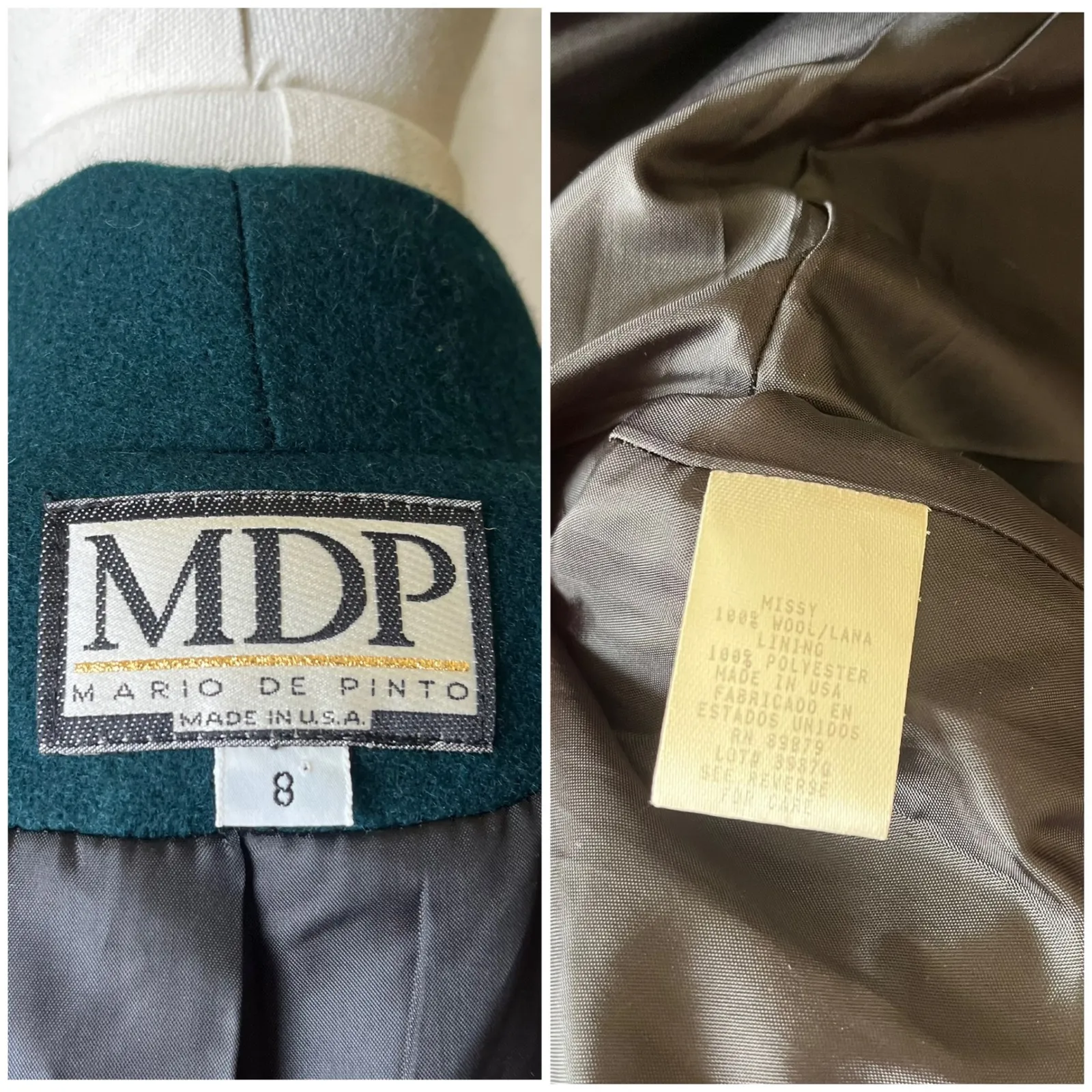 Vintage Mario De Pinto Teal Wool Shawl Collar Coat Size 8 Made in USA‎ Green - Image 6