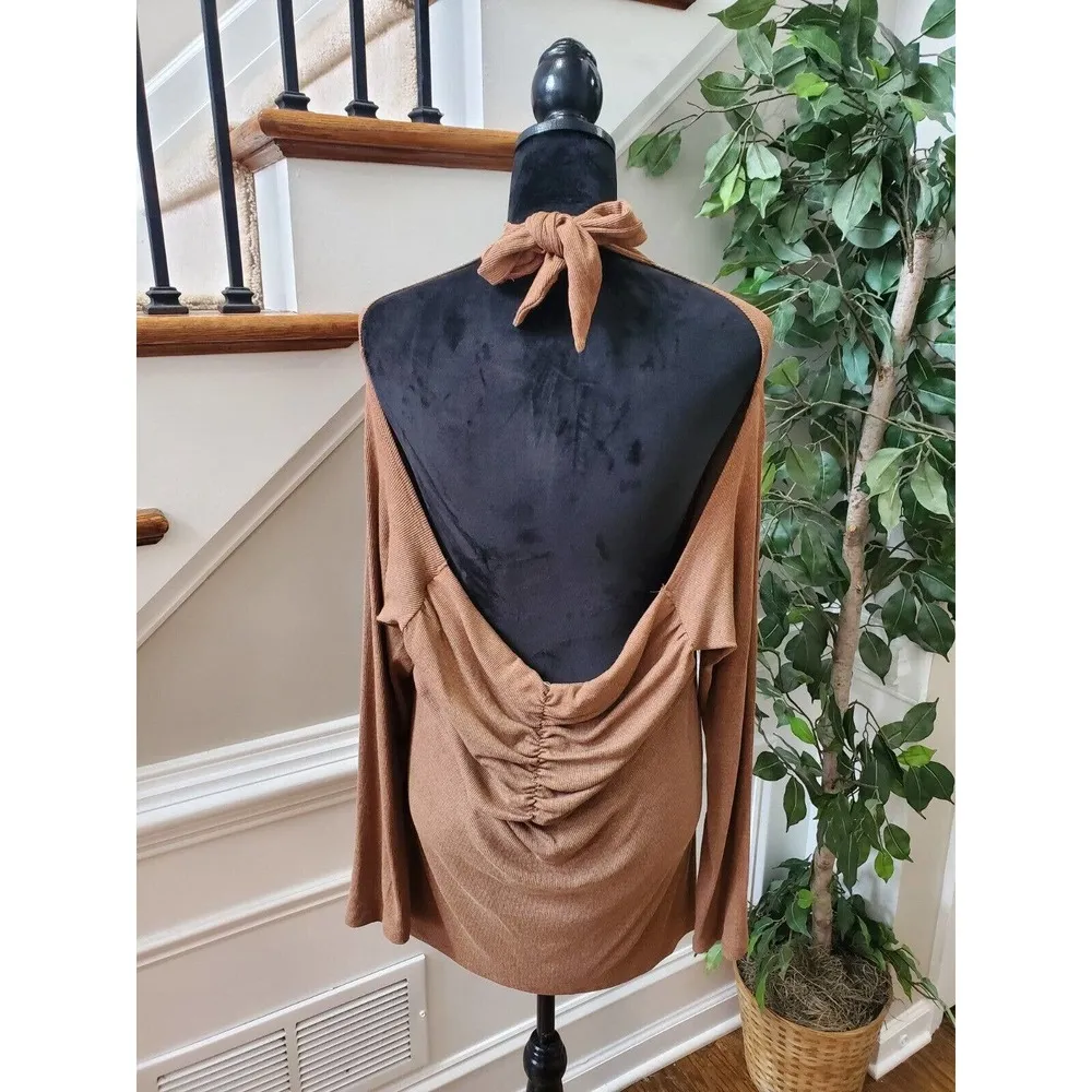 LNA Women's Brown Rayon Backless Long Sleeve Pullover Knit Sweater Size 1X - Image 6