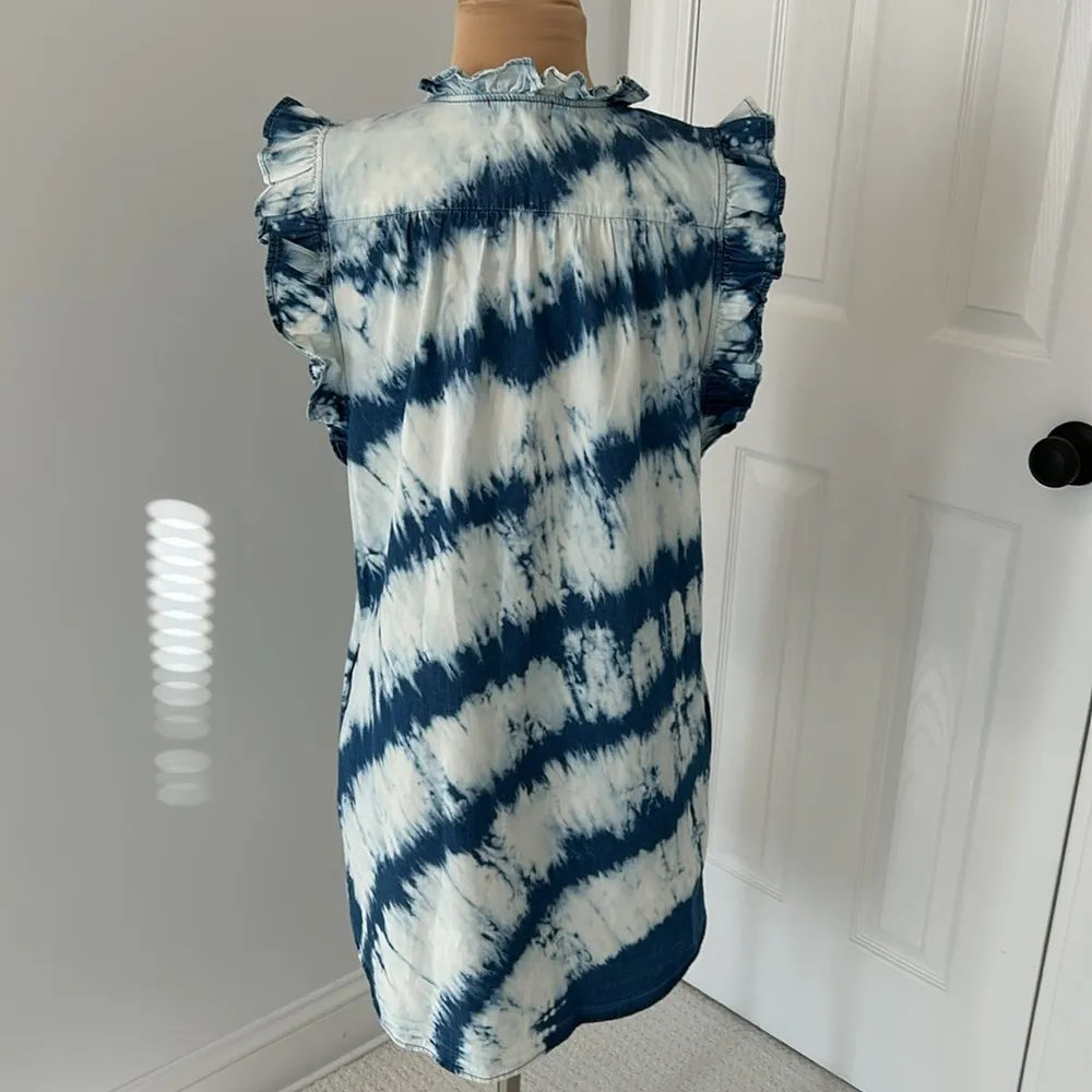 Stark X Tie Dye Denim Button Down Ruffle Dress Size M - Image 5