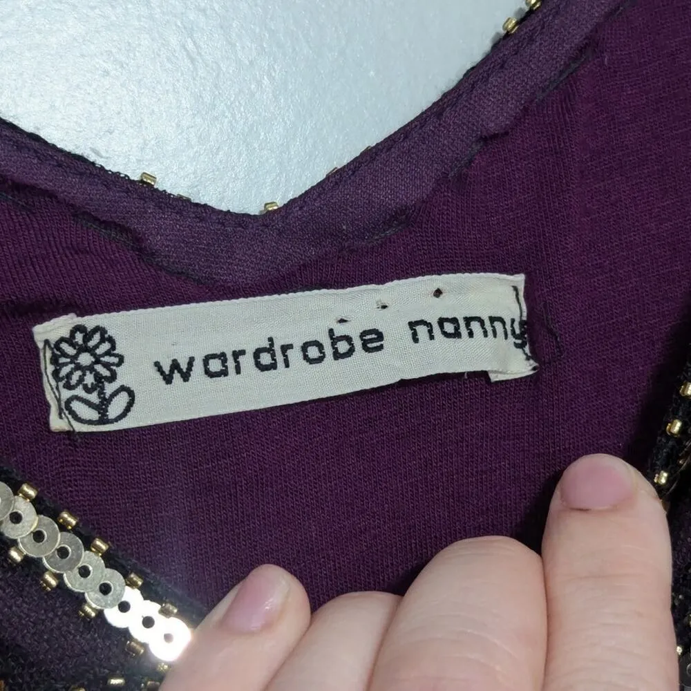 Vintage Sequin Fringe Formal Maxi Dress Black Gold Plum Purple Womens Large Art - Image 7