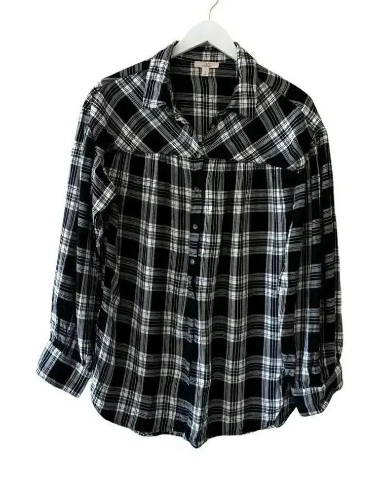 Como Vintage Tunic Top Black White Button Down Baby Doll Long Sleeve SZ L #2275 - Image 1