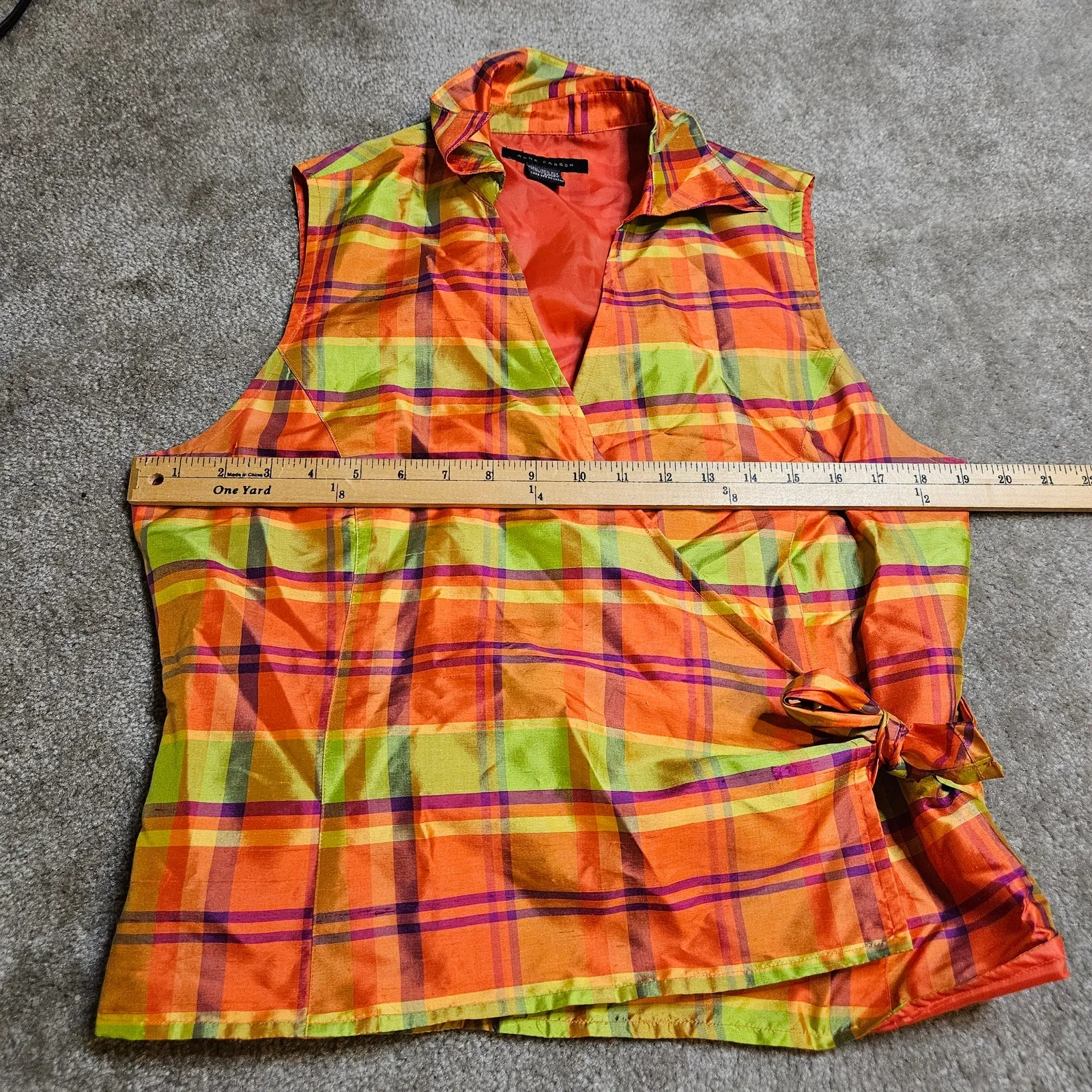 Anne Carson 100% Silk Vintage Sleeveless Retro Striped Orange Green Top Medium M - Image 3