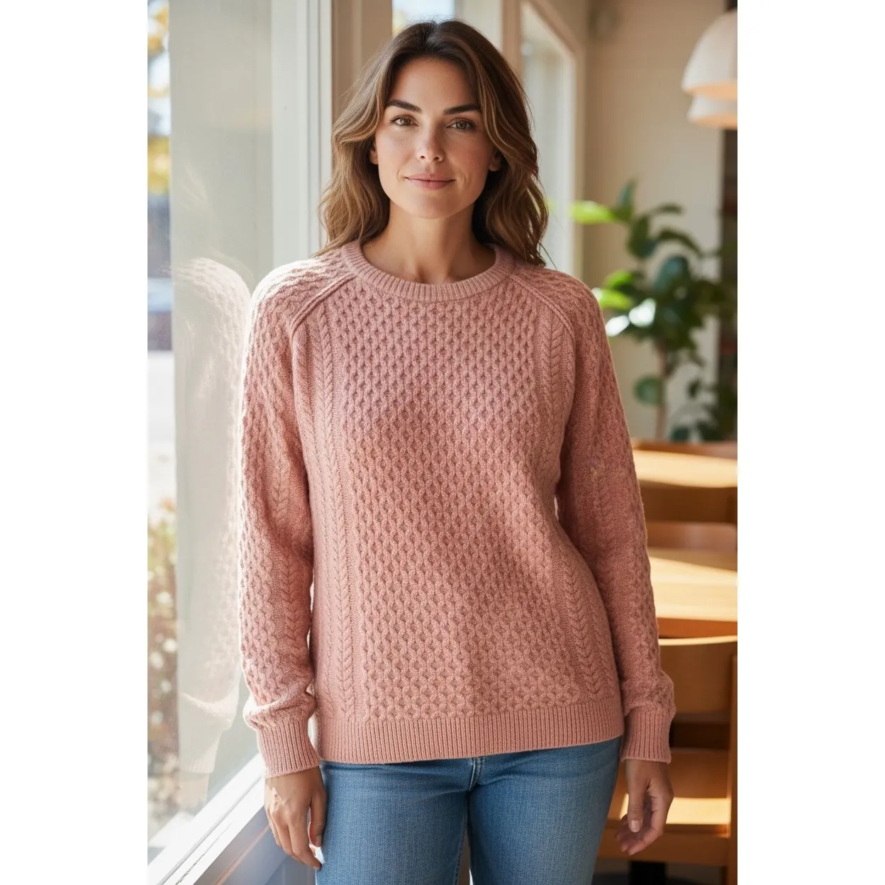 Pink Lily Cable Knit Raglan Sweater‎ Women's Rose Pink Cozy Textured Size L - Image 6