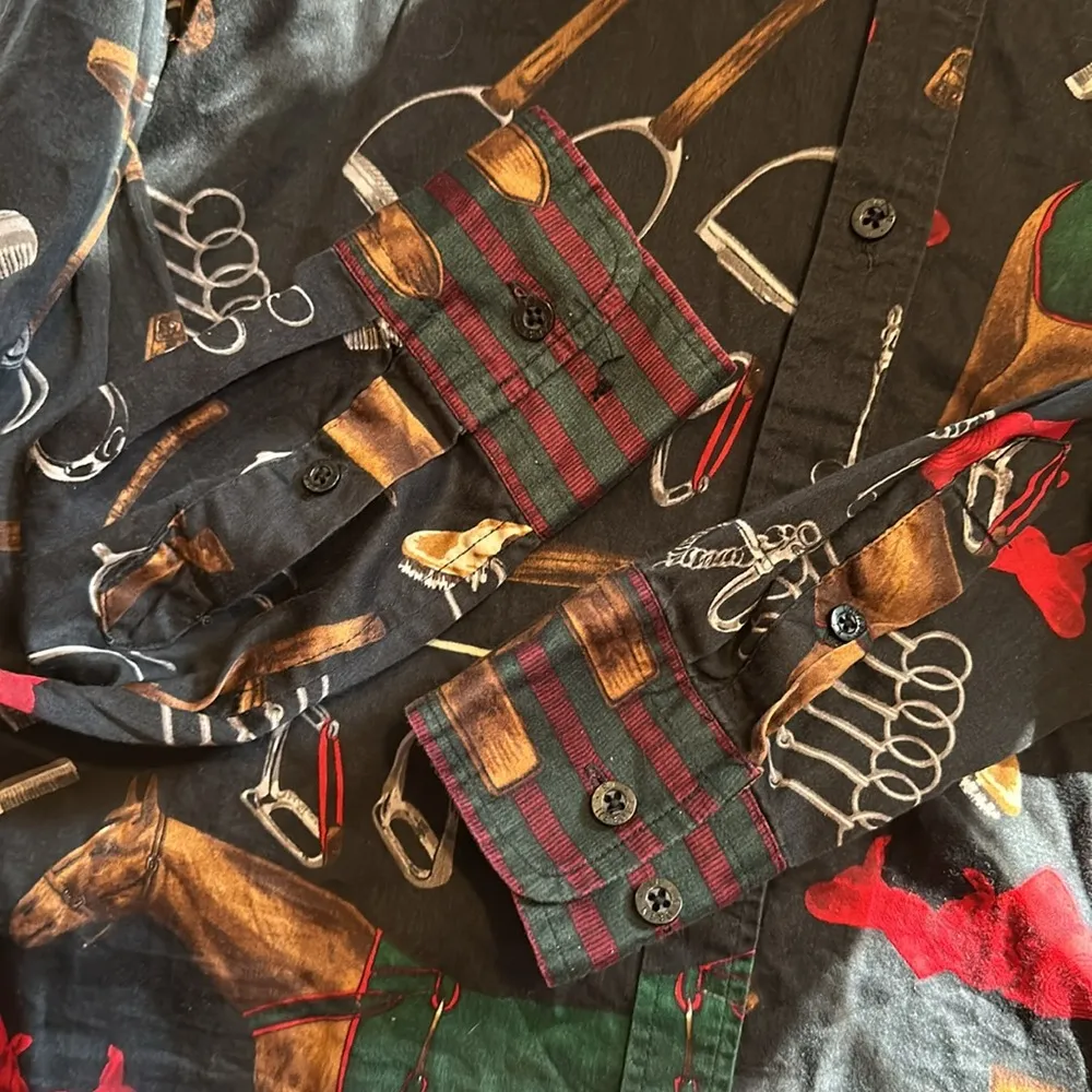 LAUREN RALPH LAUREN PETITE ENGLISH HORSE GIRL PRINT LONG SLEEVE BUTTON UP POLO Black Size undefined - Image 5