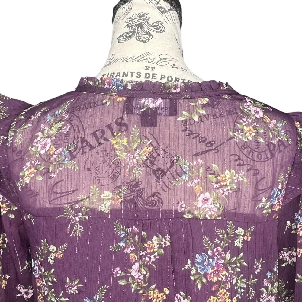 Fortune + Ivy PETITE SMALL Metallic Ruffle Tie Neck Sheer Arm Long Sleeve Blouse - Image 8
