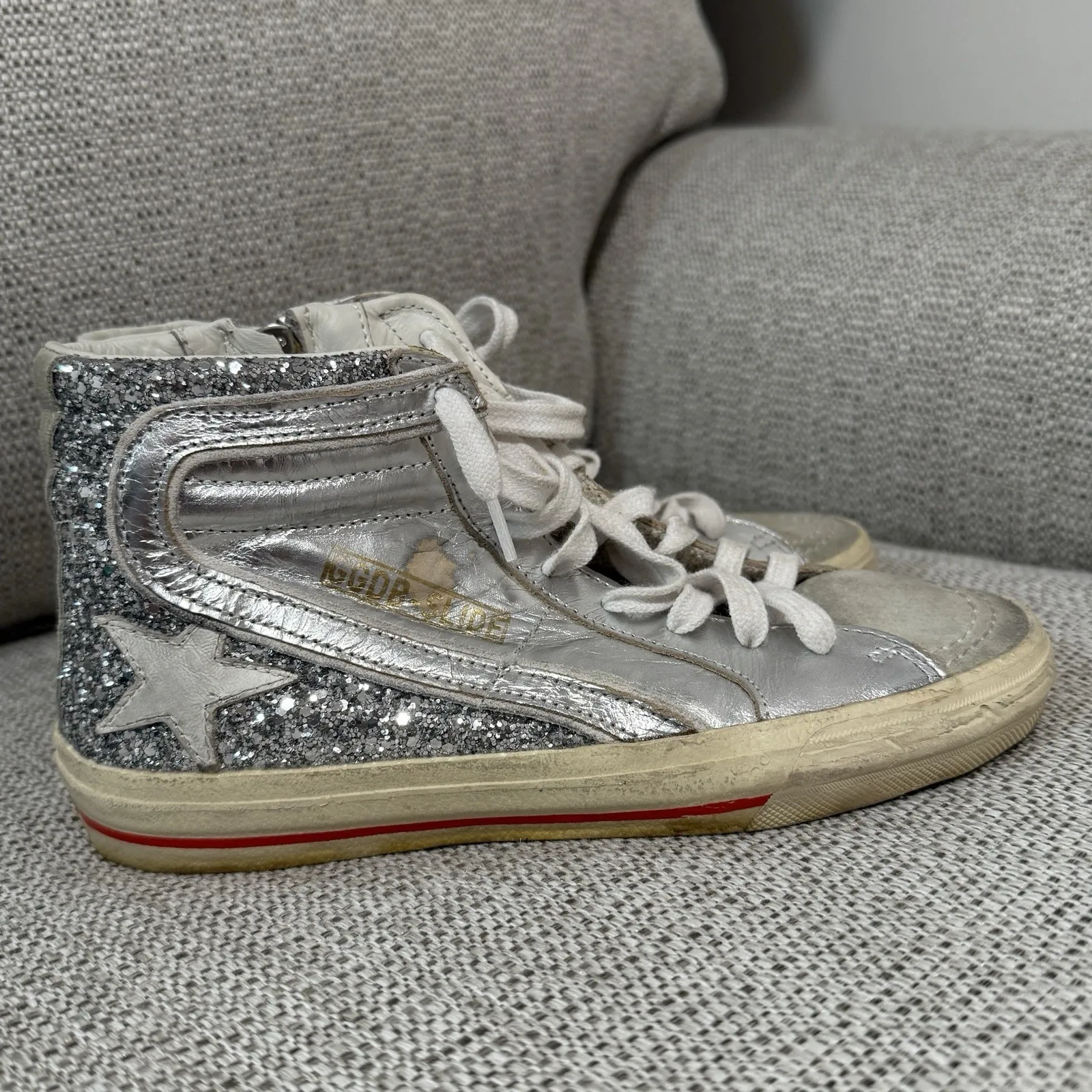Golden Goose  Slide with Laminated Leather Upper and Silver Glitter Size 36 - Image 8