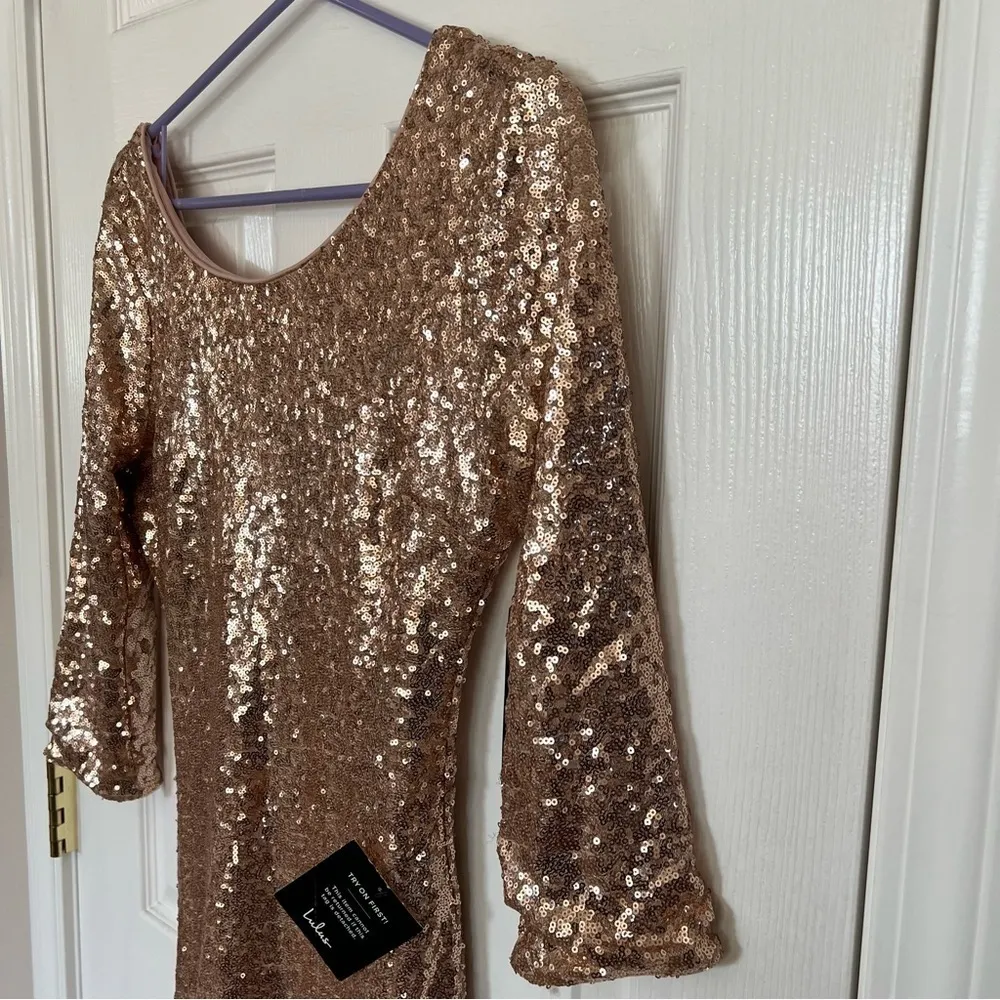 NWT Lulu's Delightful Ways Champagne Gold Sequin Dress Mini Prom Homecoming Club - Image 9