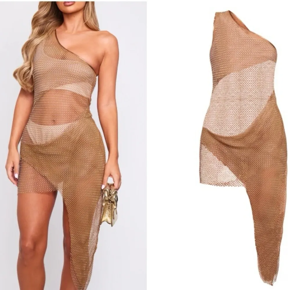 NWT PrettyLittleThing Mocha Diamante One-Shoulder Fishnet Bodycon Dress - Image 3
