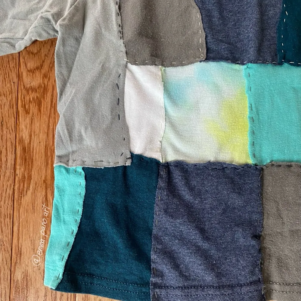 blue gray white checkered reworked hand sewn patchwork  shirt - Image 3