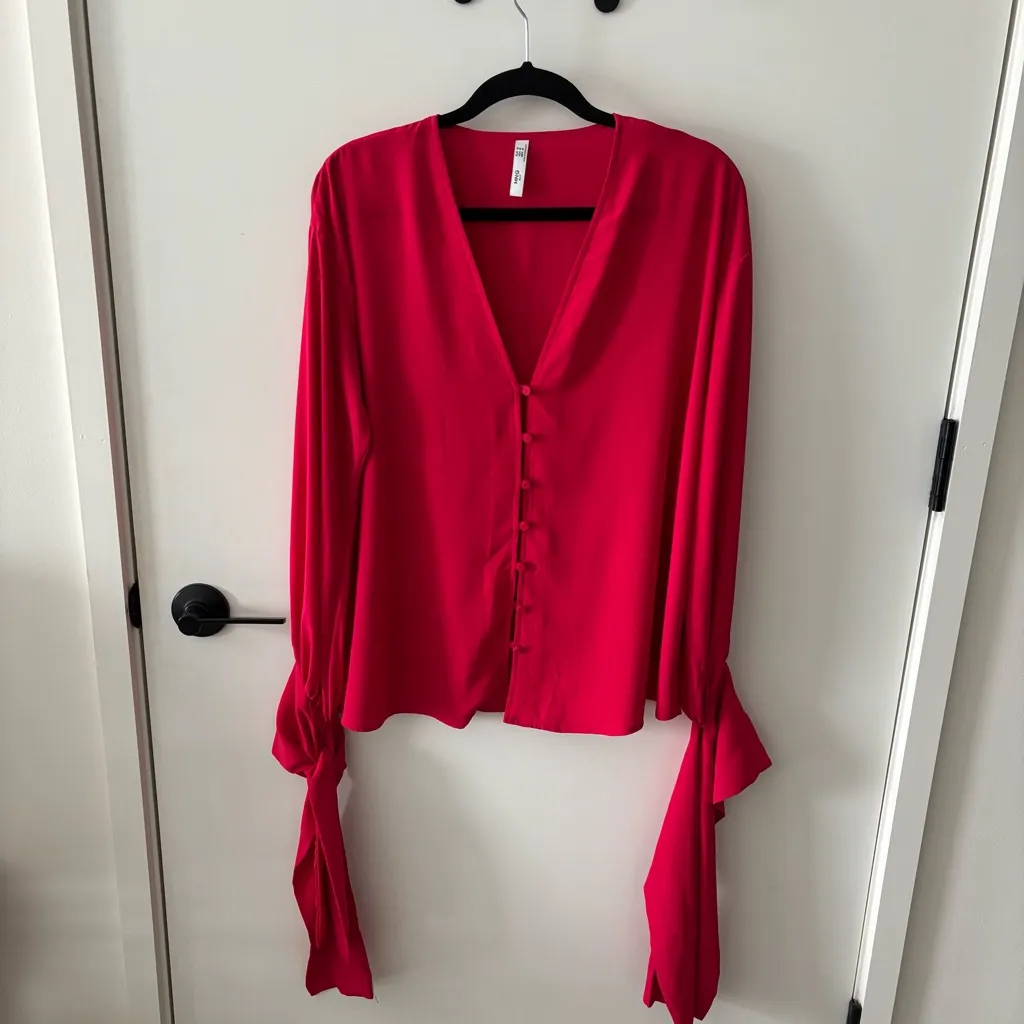 Mango Red Button-Front Blouse with Tie Cuffs | Size 6 | Romantic Feminine - Image 2