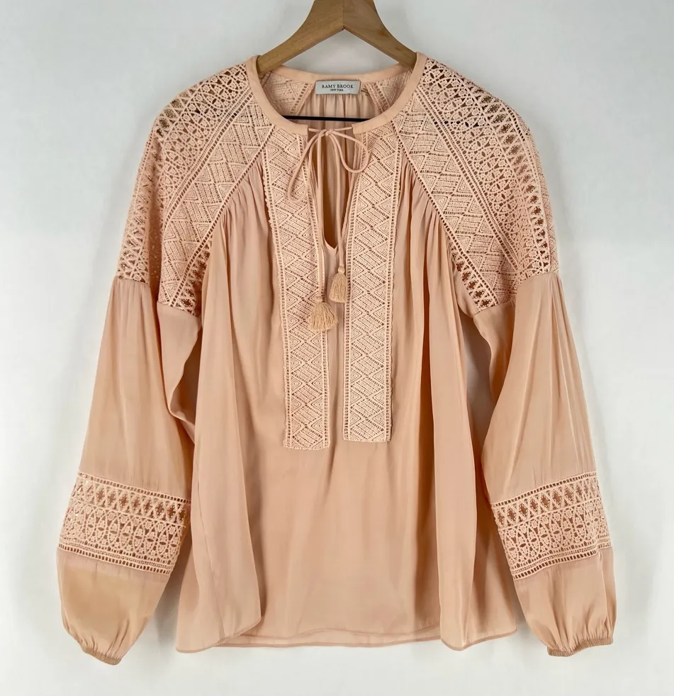 Ramy Brook Winnie Lace Panel Blouse Long Sleeve Tassel Tie Neck Ballet Pink - Image 1