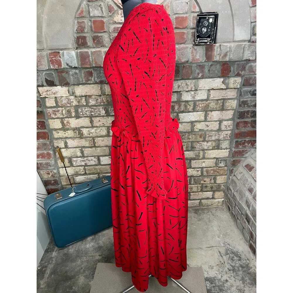 Liz Claiborne dress smocked bodice red black long sleeve pockets - Image 6