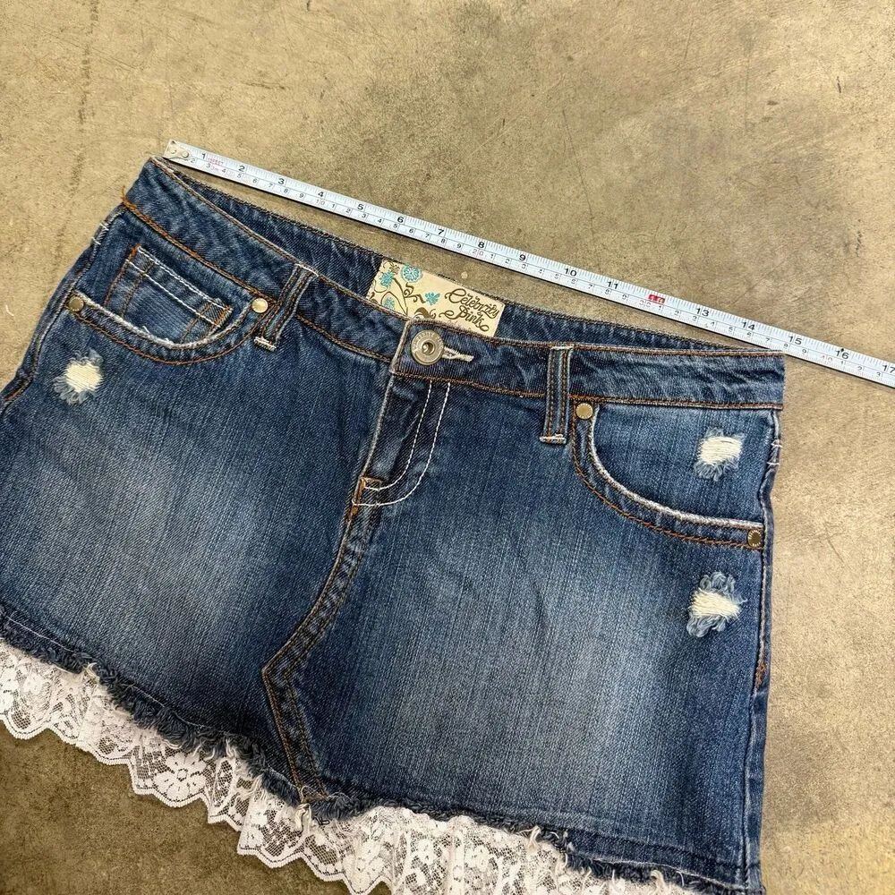 Vintage y2k lace trim denim jean mini skirt - Image 2