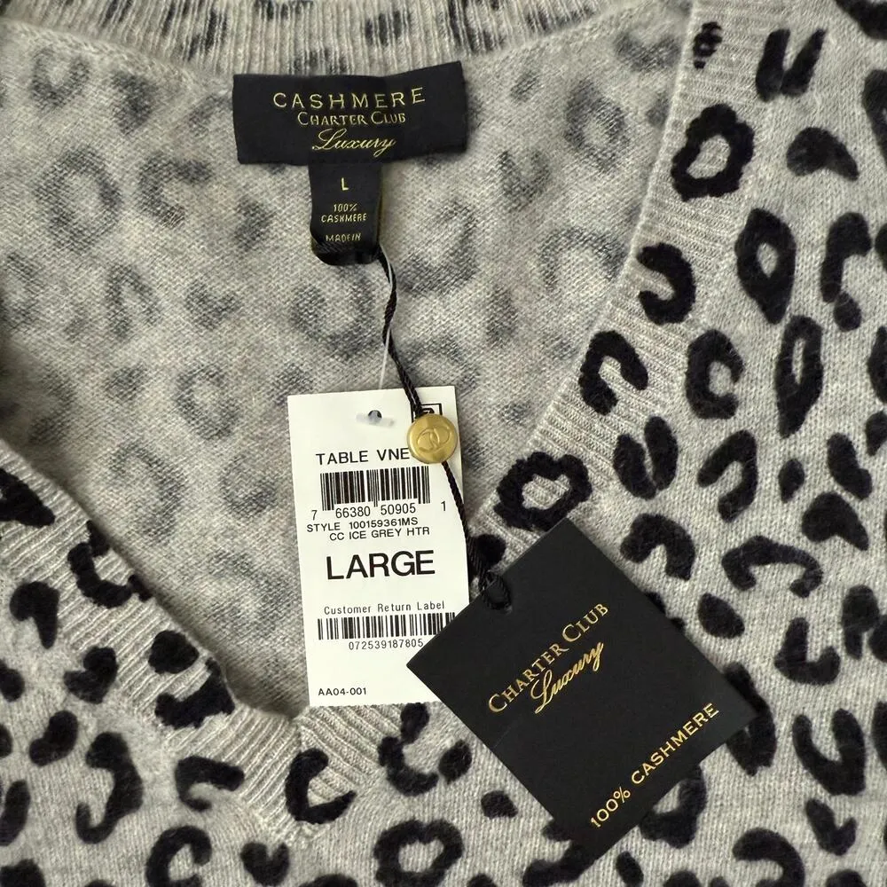 L Charter Club Snow Leopard Cashmere Sweater NWT - Image 3