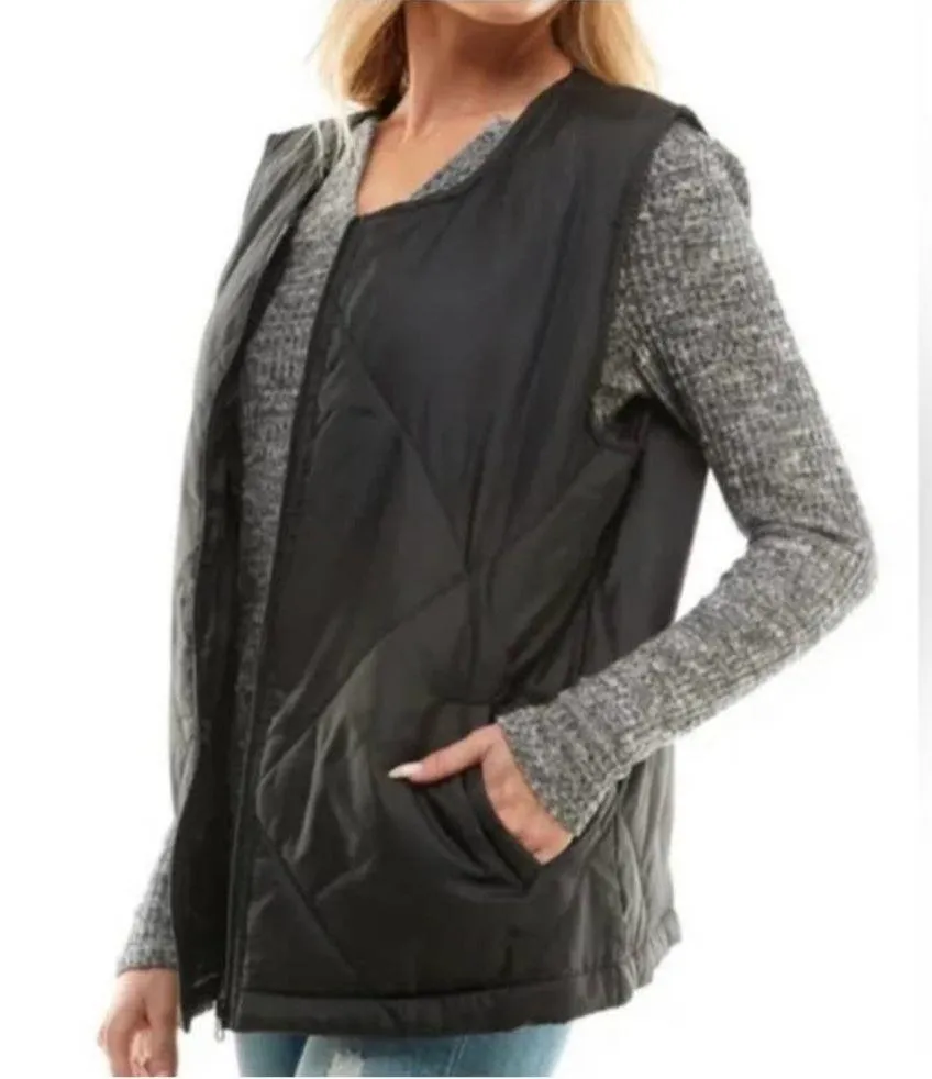 New Socialite S/M Small Medium Solid Black Quilted Oversized Puffer Vest Jacket - Image 8