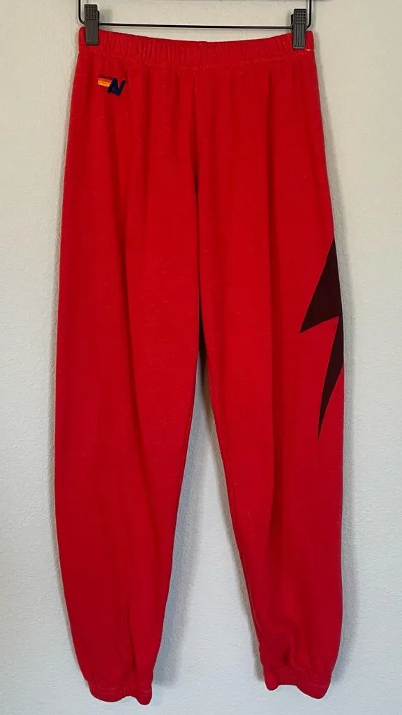 Aviator Nation Bolt Joggers in Red with a Black Lightening Bolt - Size Small - Image 1
