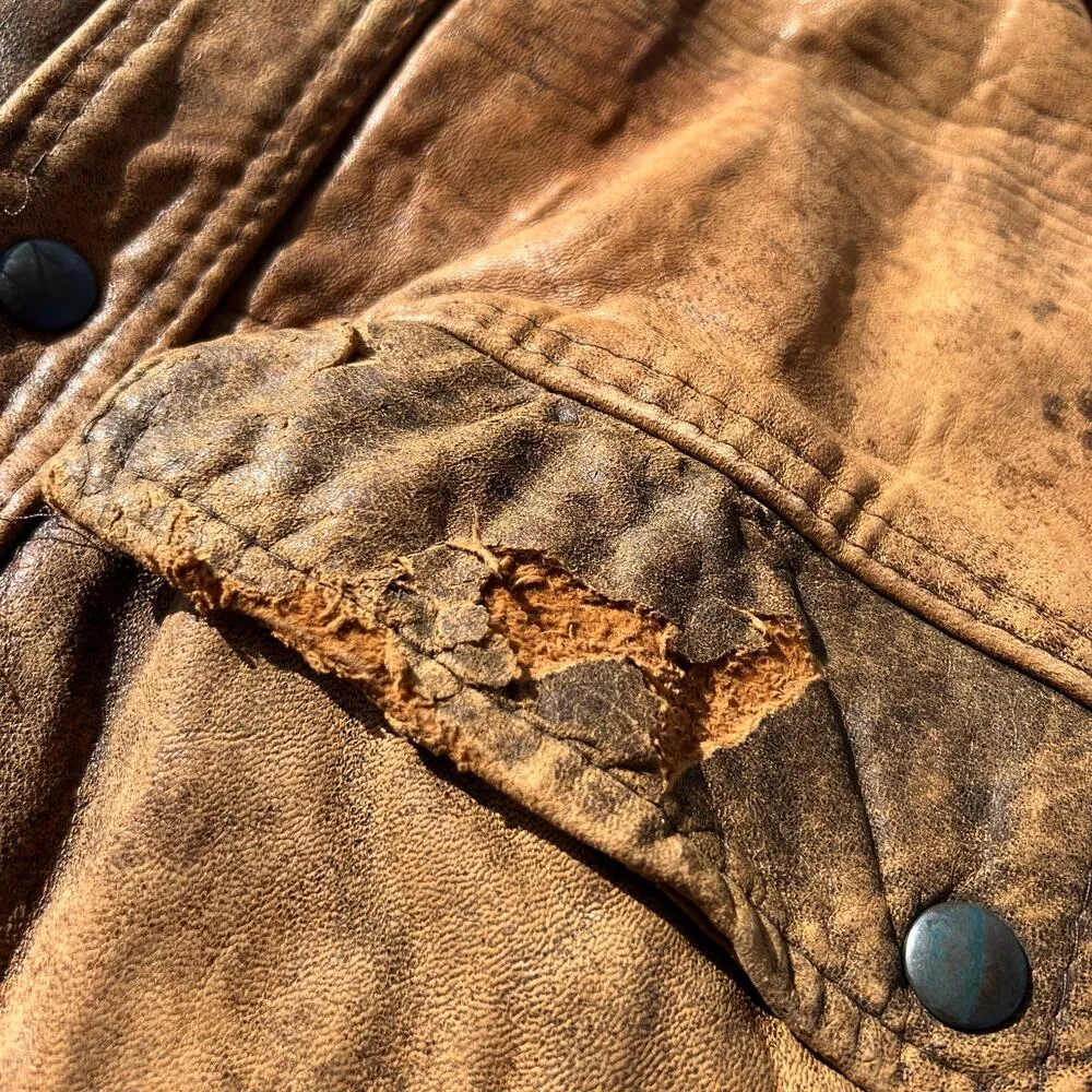 Vintage 80s Tan Leather Moto Bomber Jacket Grunge MEDIUM - Image 4