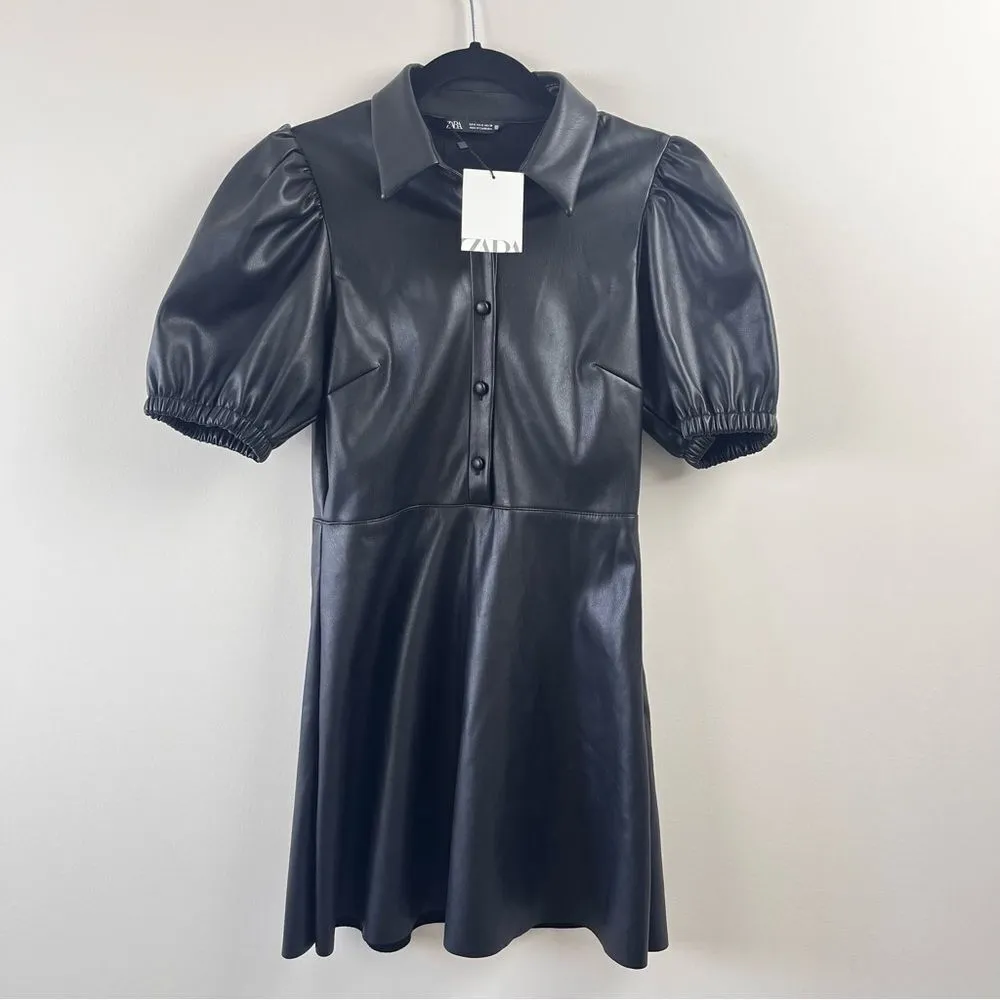 NWT ZARA Bloggers WOMAN FAUX LEATHER MINI DRESS PUFF SLEEVES Size S - Image 5