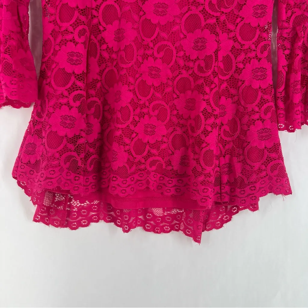 Isaac Mizrahi‎ Fuchsia Lace Flared Sleeve Peplum Blouse Size XS - Image 7