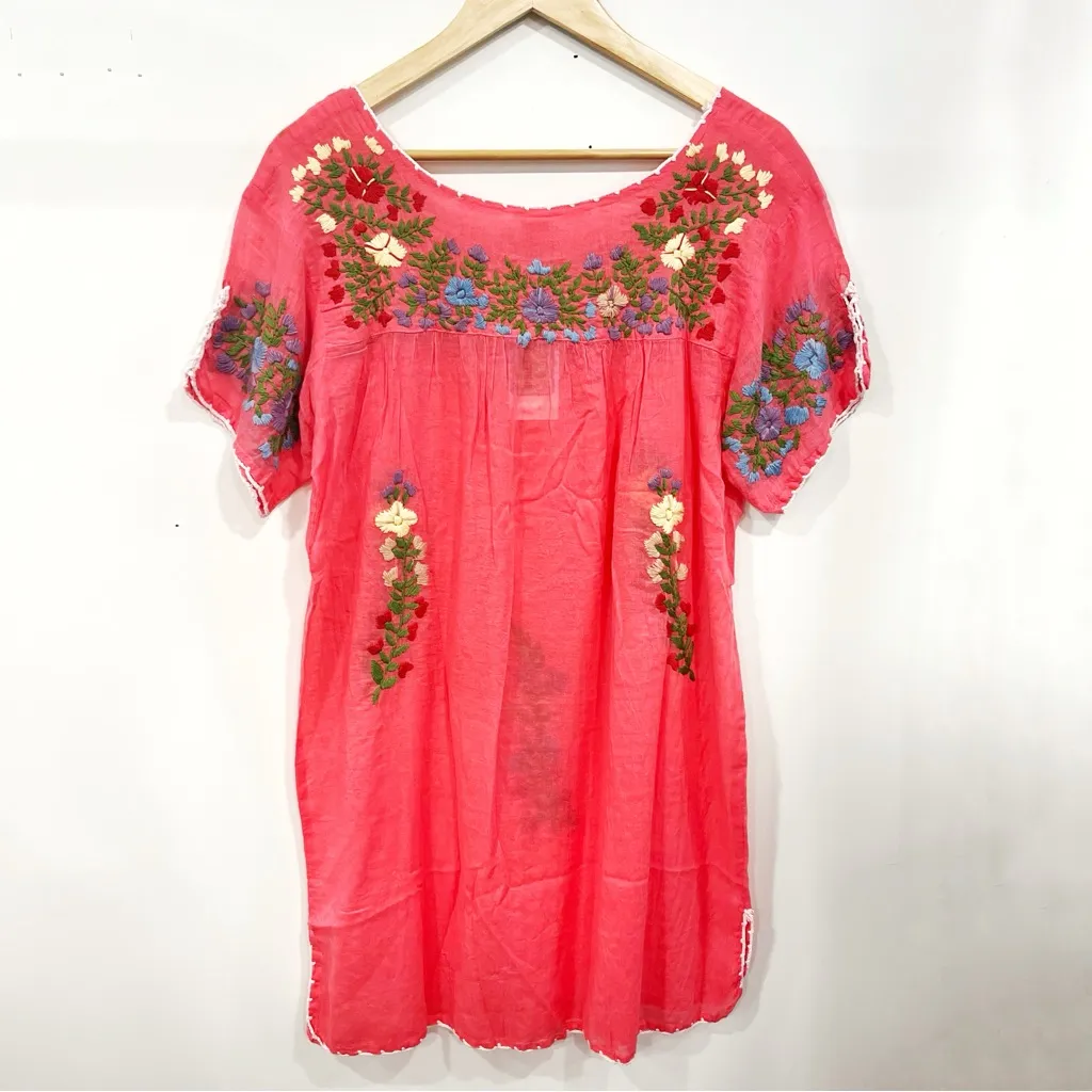 Raj Tunic Embroidered Coral Floral 100% Cotton Dress Sz M NWT Boho Cottagecore Pink Size M - Image 5