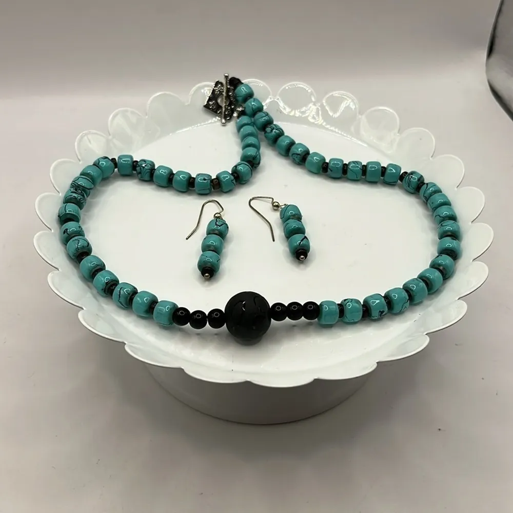 Faux Turquoise Set Necklace,Earrings Blue and Black Beads. Southwestern Western - Image 8