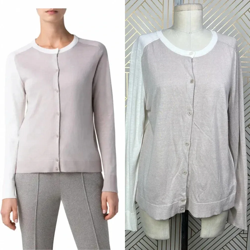 Akris Punto‎ Cardigan Sweater Linen-BlendContrast Light Taupe Cream Size US 10 - Image 2