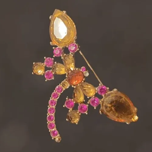 80s Vintage Womens Chunky Pink Gold Toned Amber Rhinestone Dragonfly Brooch Pin - Image 3