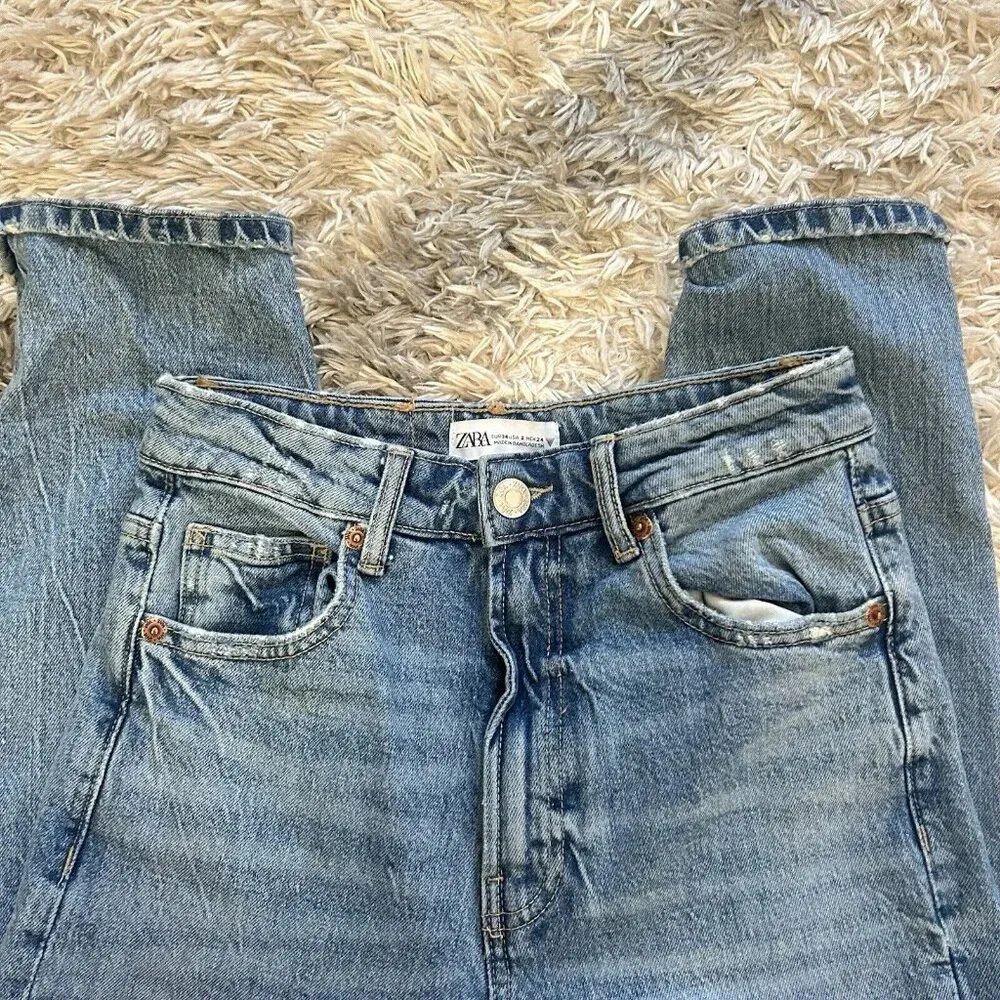 ZARA  Jeans Womens 2 EUR 34 Blue Straight Leg Denim Blue Grunge Skater - Image 4