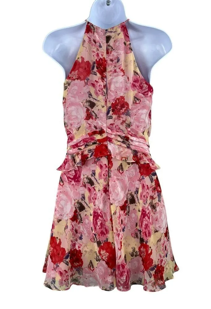 Floret Studios Pink Multi Floral Chiffon Ruffle Halter A-Line Mini Dress XS NWOT - Image 4