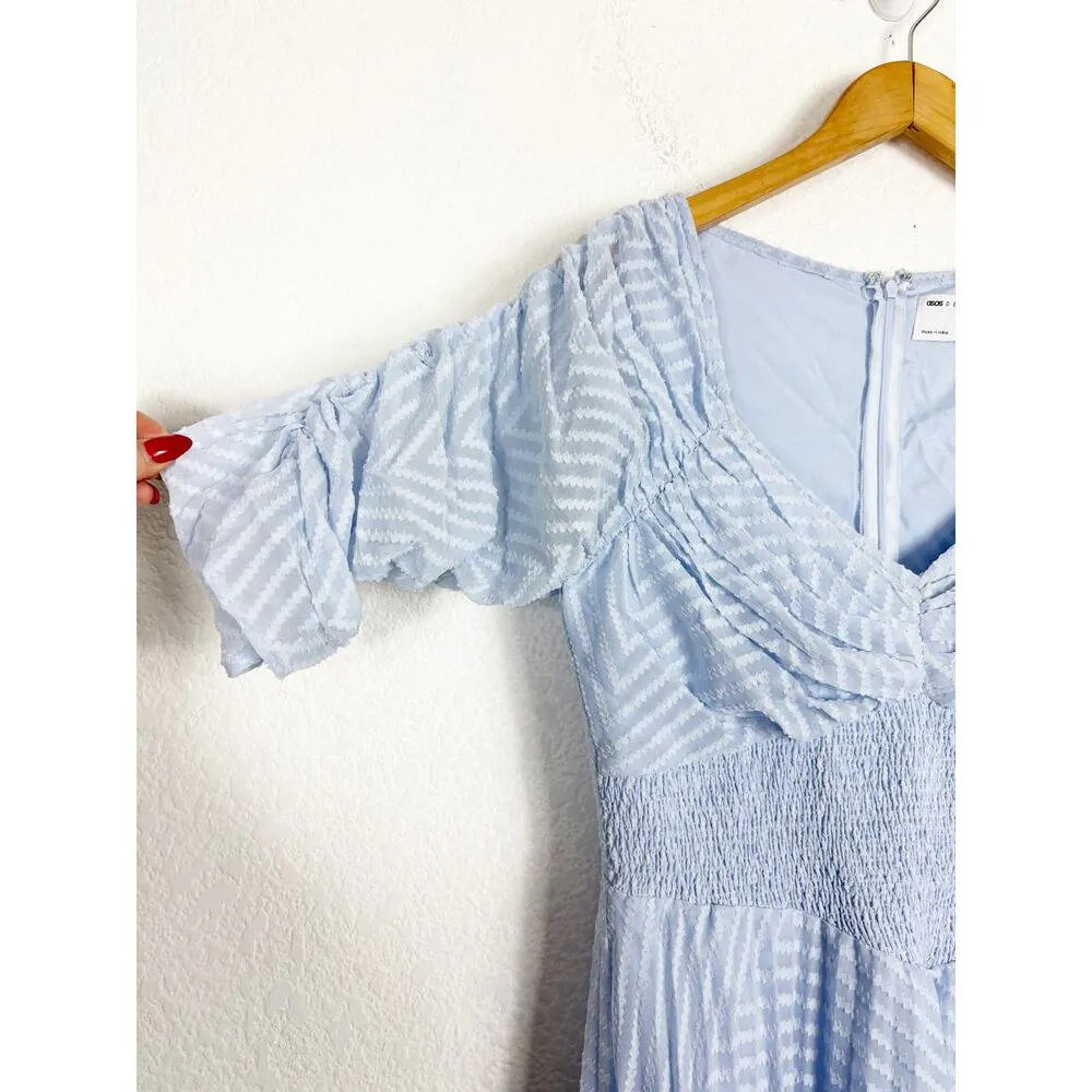 ASOS DESIGN Ruched Front Pleated Midi Dress Size 6 Smocked Waist Texture Blue - Image 7