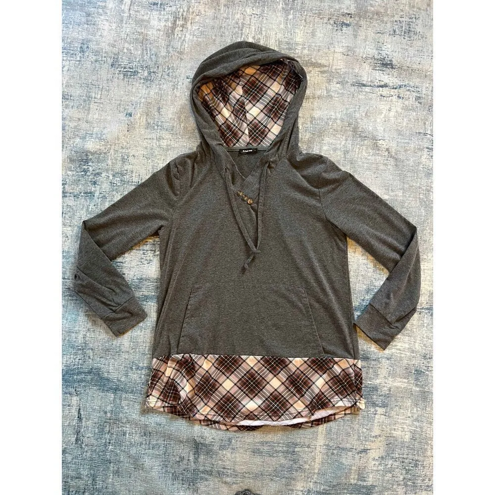 Altelime Gray Brown Plaid Lightweight Hooded Pullover Medium Gray - Image 5
