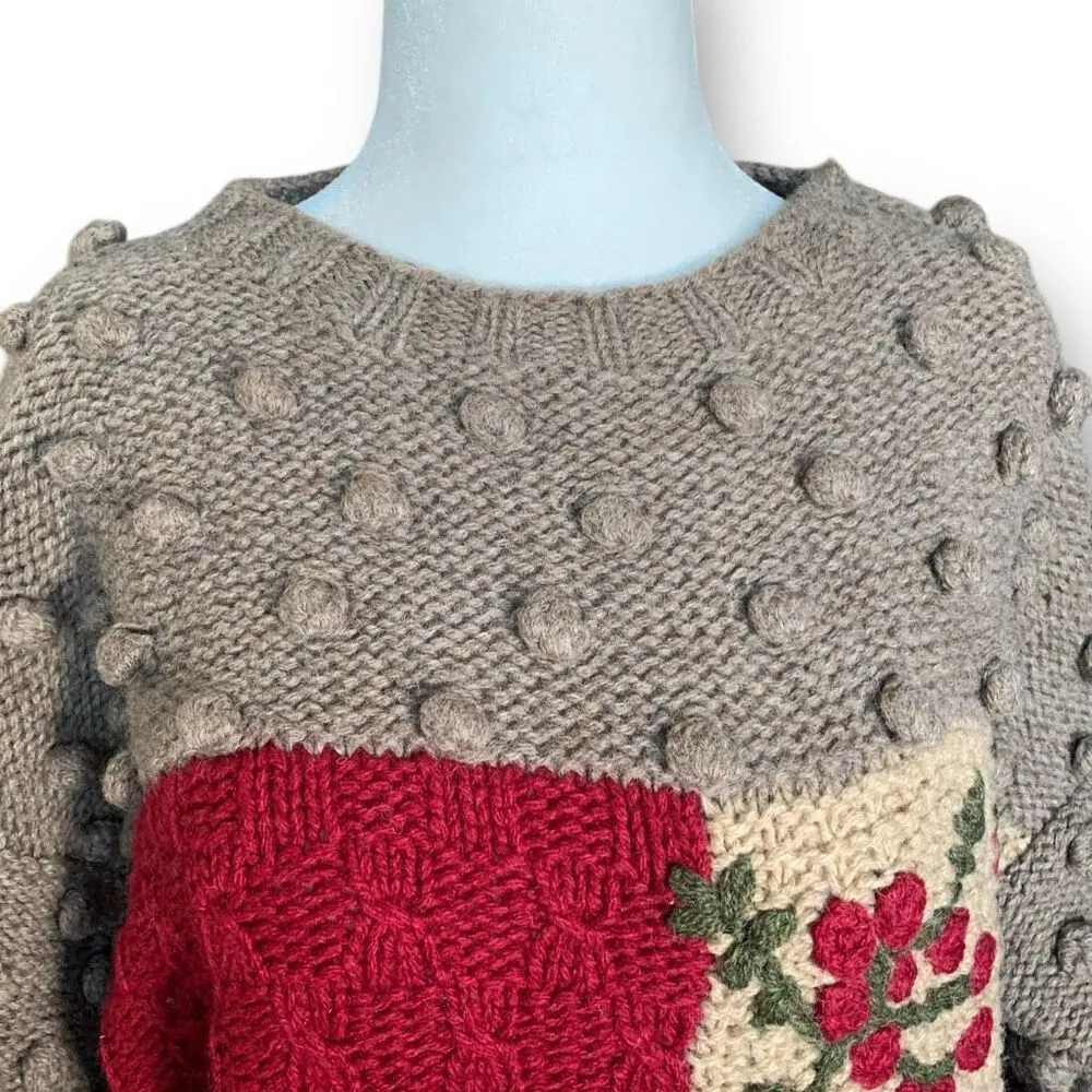 Vintage Susan Bristol Crewneck Sweater Hand Embroidered Wool Tan Floral Knit - Image 4