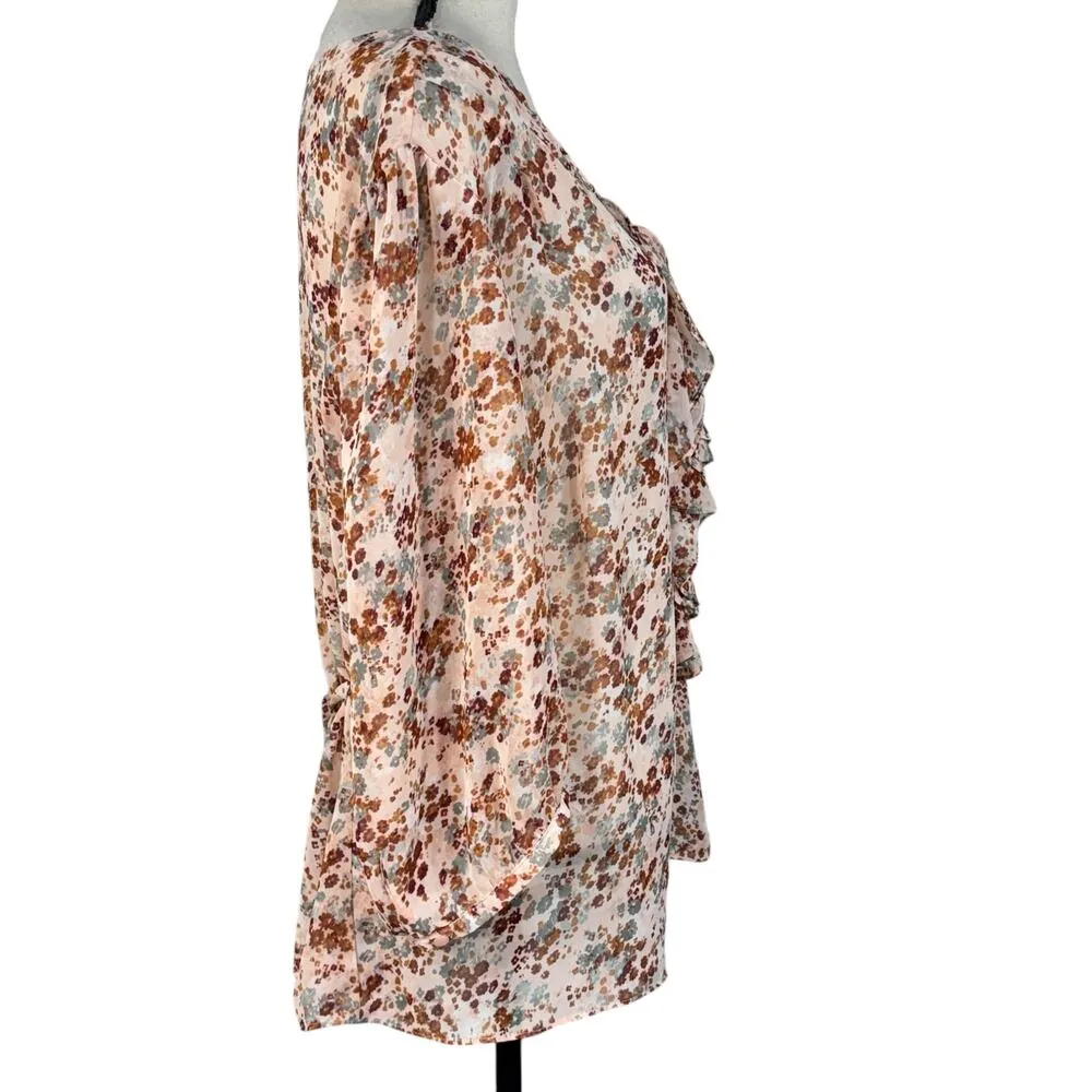 Elle 3X-Large Top Floral Semi-Sheer Ruffled V-Neck 3/4 Balloon Sleeves Multi - Image 4