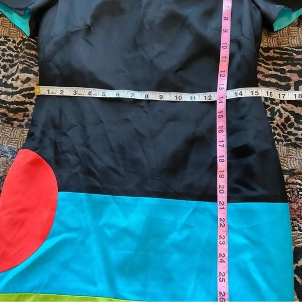 Shomi 100% Silk 80s Art Color Block Black Dress Size 4 Petite - Image 8