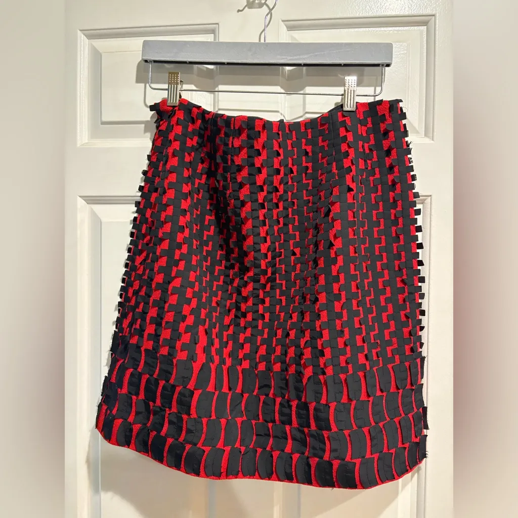 Per Se wool shirt skirt with silk ribbon decorations sz 8 red black M - Image 2