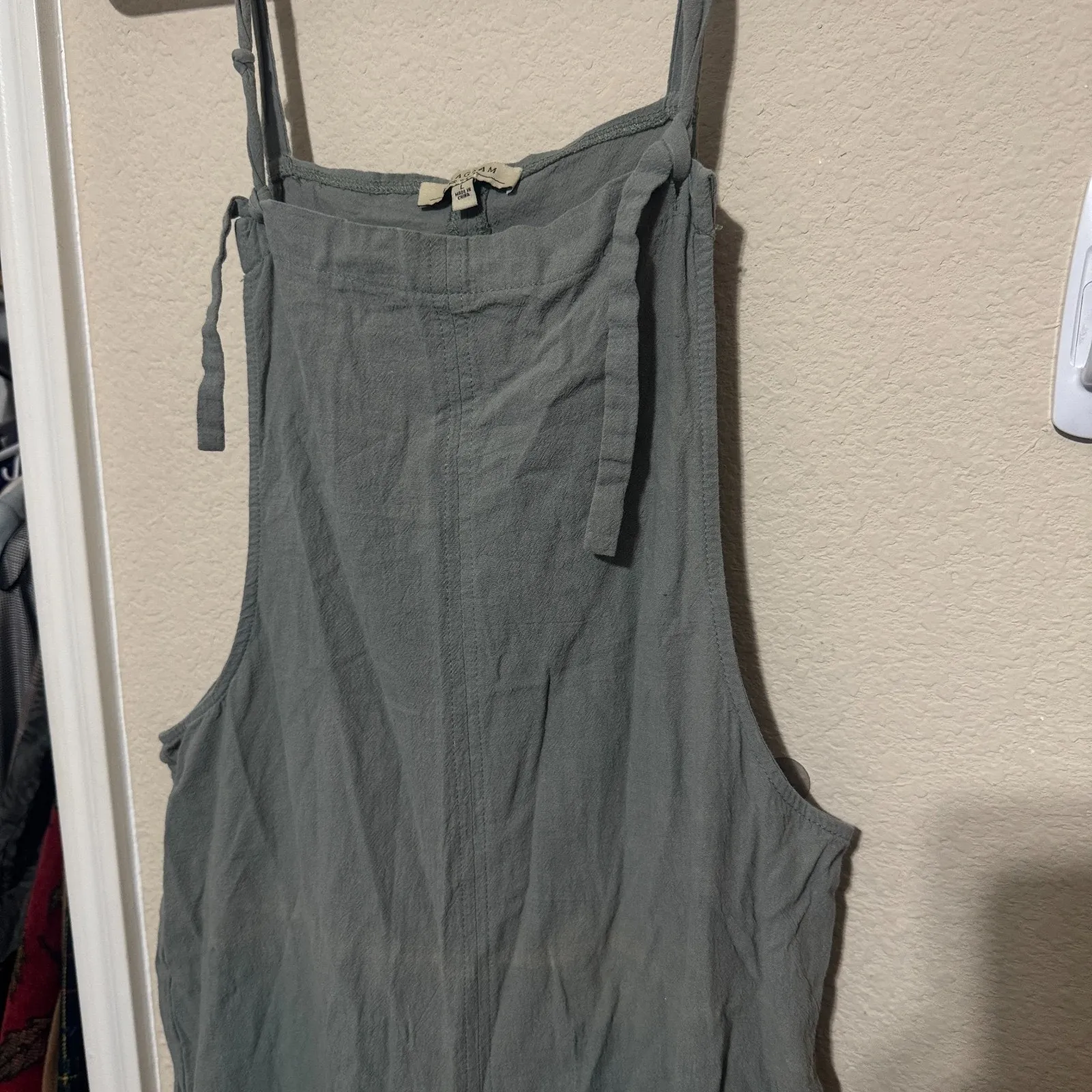 Polagram Overalls Womens Large Olive Green wide leg cropped gauzy cotton - Image 2