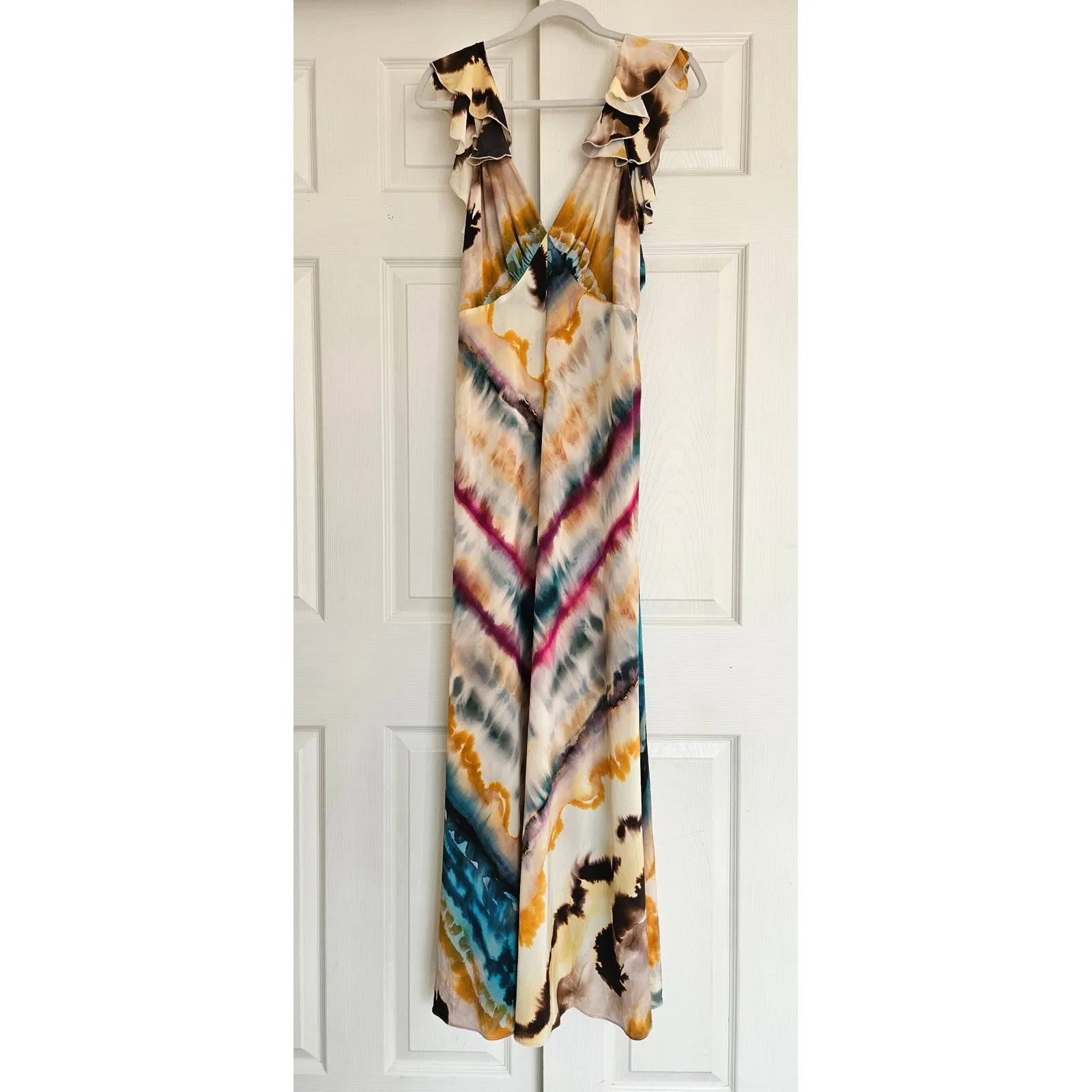 Banana Republic 100% Silk Open Back Maxi Dress in Yellow Tie Dye Size 10 - Image 8