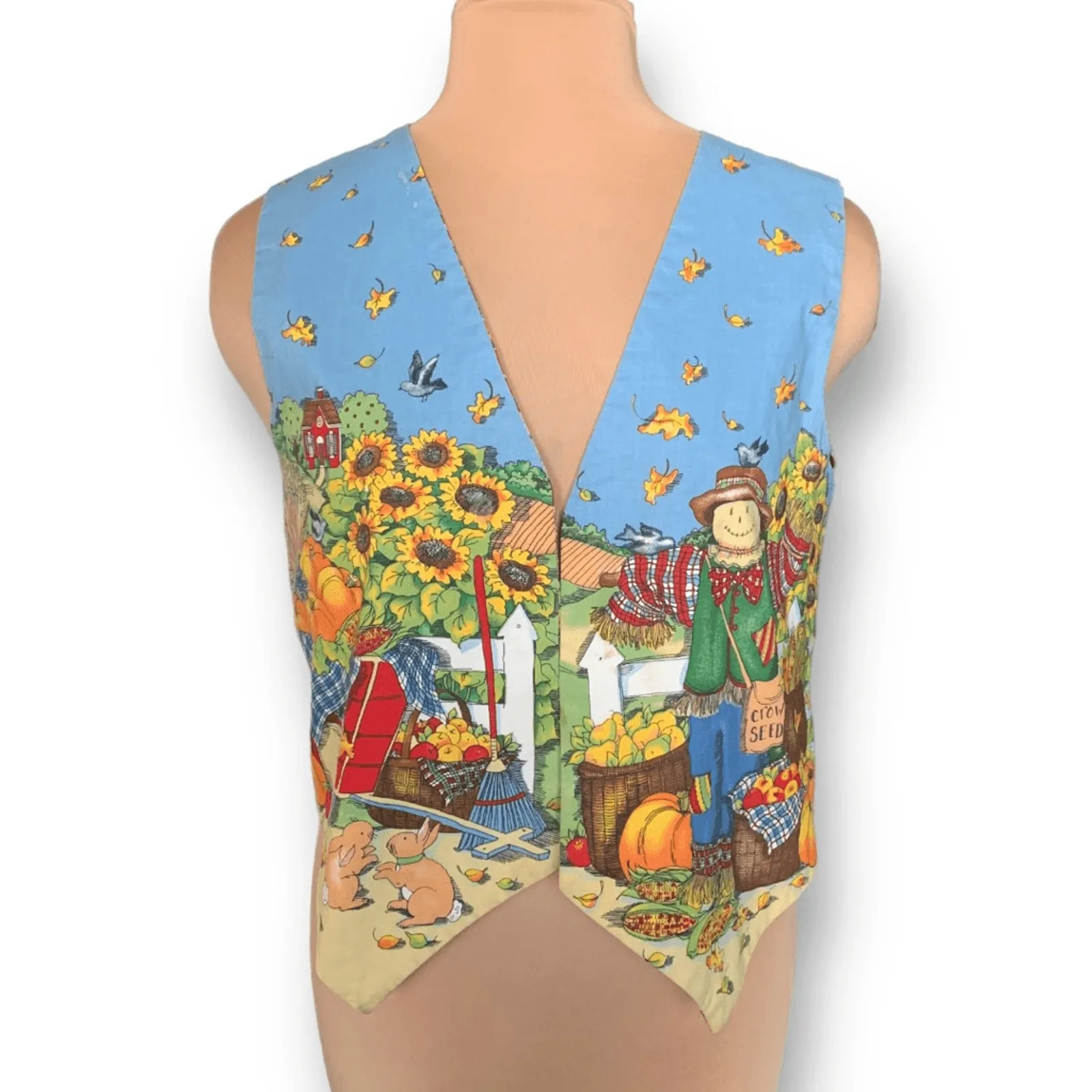 Vintage Handmade Reversible Vest Autumn Pumpkin Scarecrow Farmhouse Blue Orange Yellow Size M - Image 6