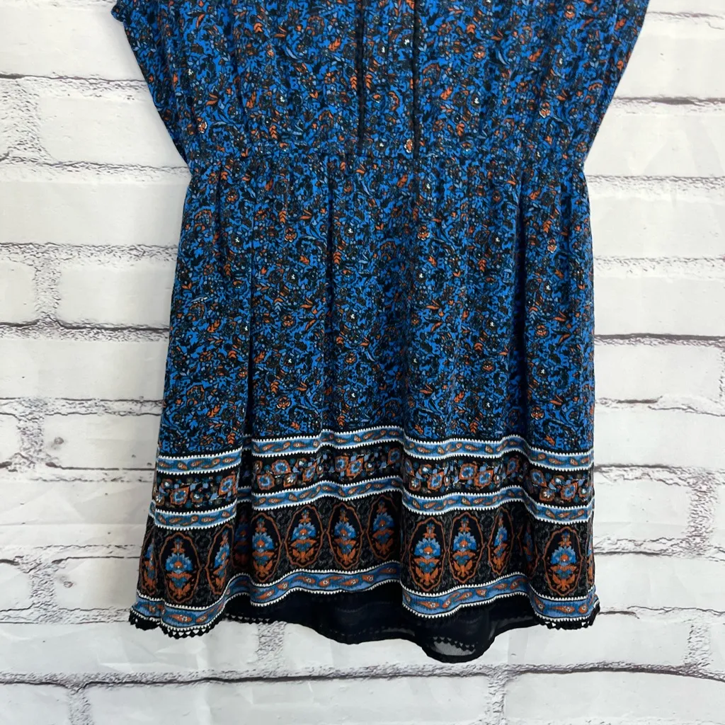 Forever 21 Blue Boho Floral Blouse Women’s Small Cap Sleeve Peplum Tunic Top Y2K - Image 4