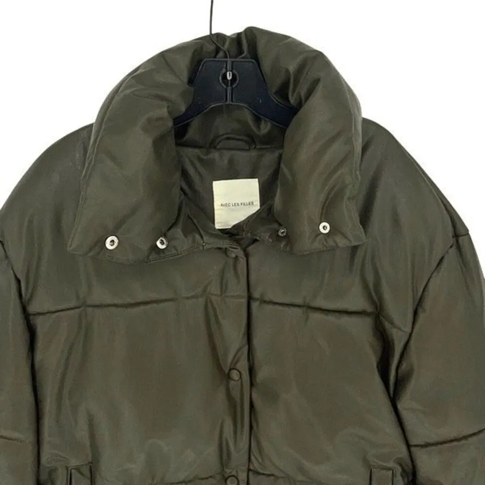 Avec Les Filles Faux-Leather Puffer Jacket Coat Size Small Olive Green Snap Clos - Image 3
