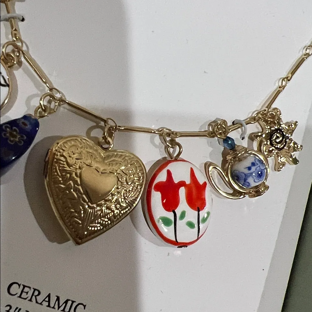 Atterri | Heart Locket Necklace w/ Vintage Ceramic Charms & Angelic Accents Gold - Image 7