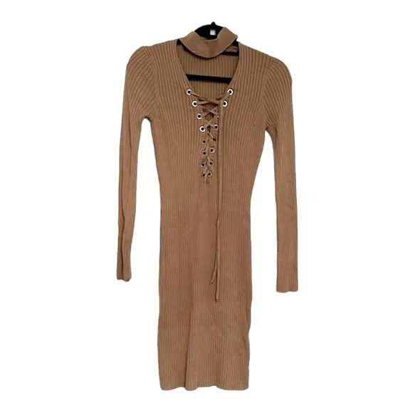 AKIRA Ribbed Lace-up Bodycon Dress Collar Long Sleeved Neutral Stretch Large - Image 2