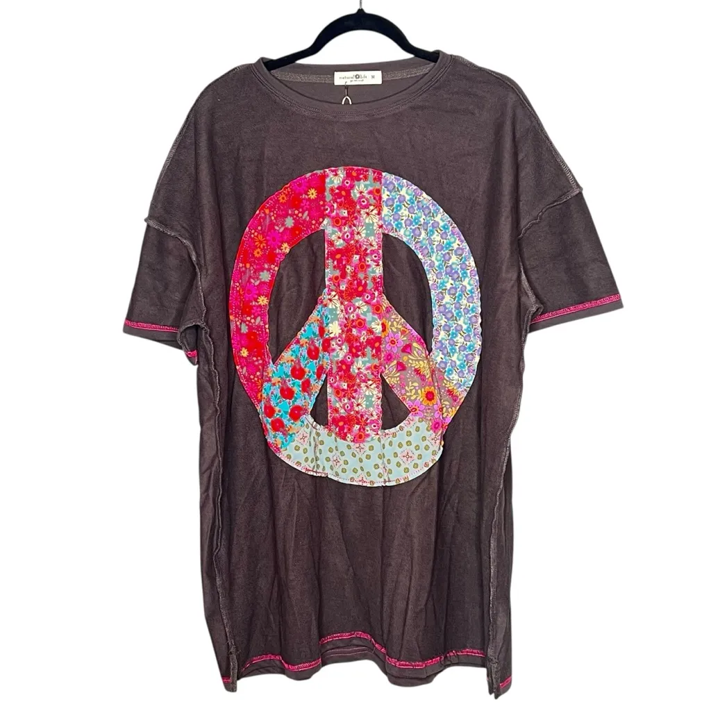 Natural Life NEW Mildred Peace Sign Dress Brown Floral Patchwork Tee Dress M - Image 3