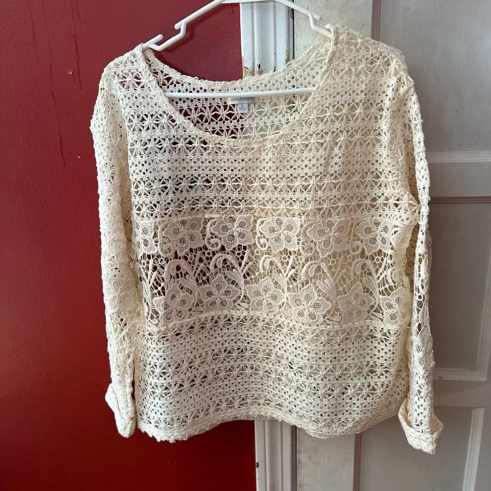 Charming Charlie Embroidered Crochet Long Sleeve Sweater Blouse - Image 5