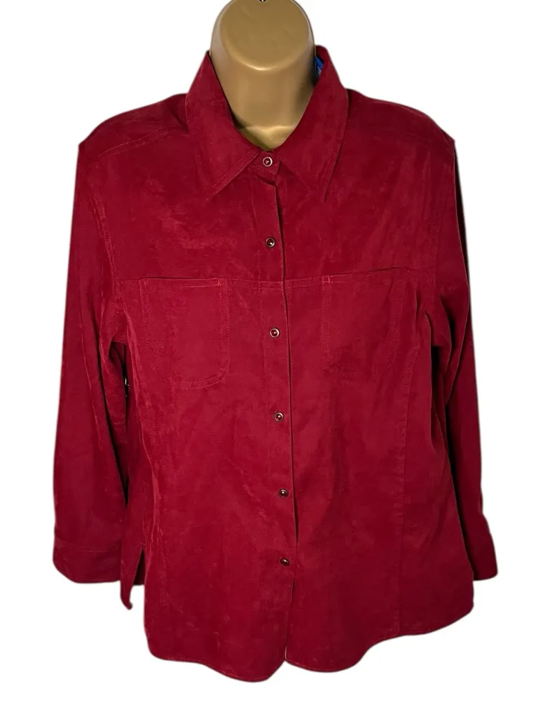 Vtg 90s Y2K Karen Scott Brushed Microfiber Snap Button Shirt Western Wine Red M - Image 1