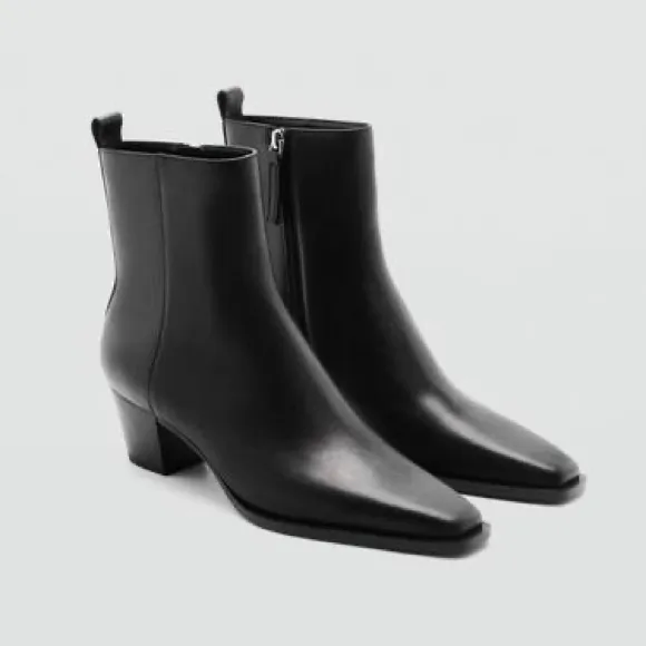 Mango Women's Block Heel‎ Leather Short Boots Black - Image 5