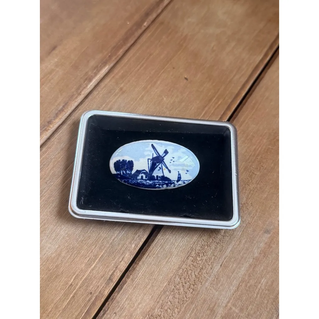 Vintage Blue Ceramic Pin With Windmill Scene Oval Shaped Brooch In Case - Image 2