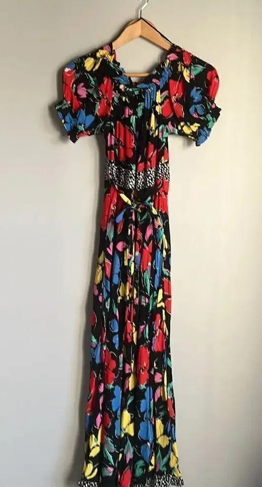 Rixo Target Floral Off Shoulder Puff Sleeve Dress Black Multicolor Black Size 4 - Image 3