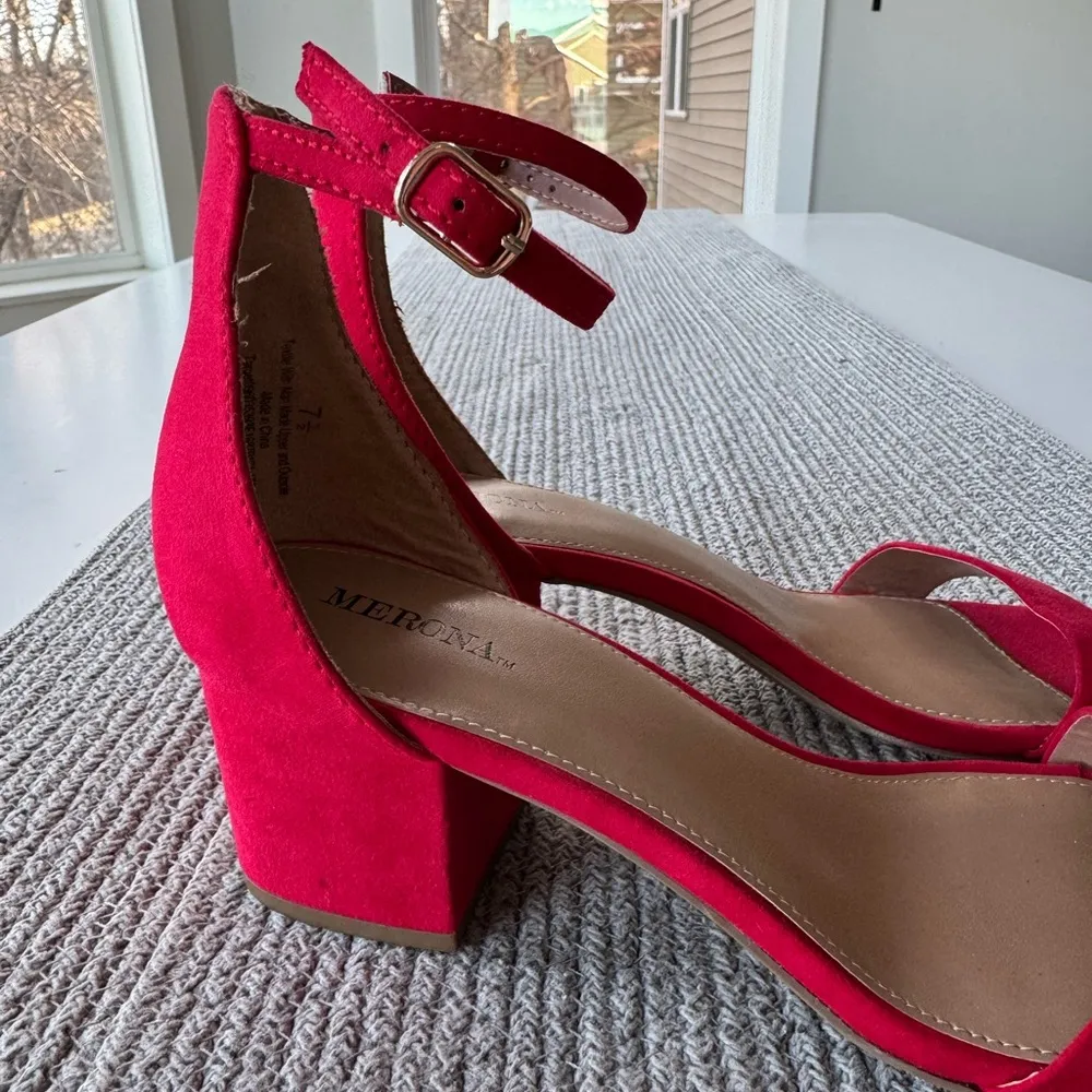 Merona Red Block Heel Ankle Strap Strappy Low Heel Dress Sandals Sz 7.5 - Image 6